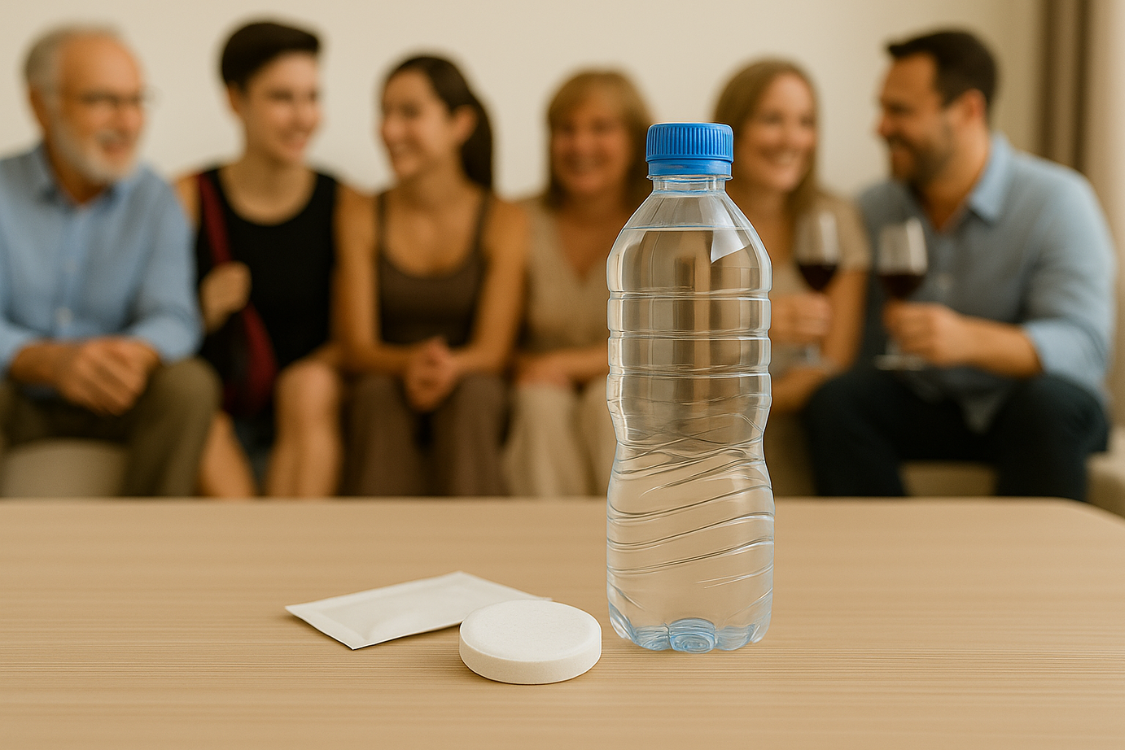 A bottle of water and a dissolved electrolyte tablet on a table, with people in the blurred background, suggesting a social or casual setting for electrolyte use.
