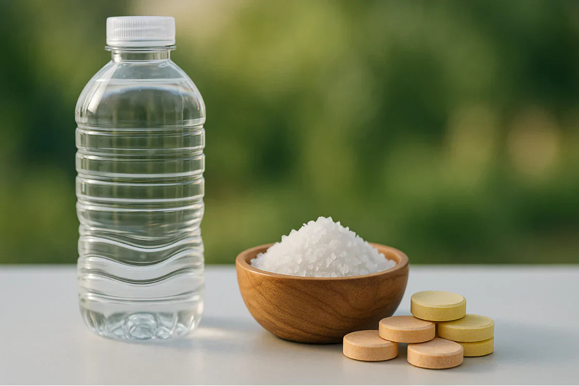 Water bottle with salt and supplement tablets, electrolytes taste salty from sodium balance