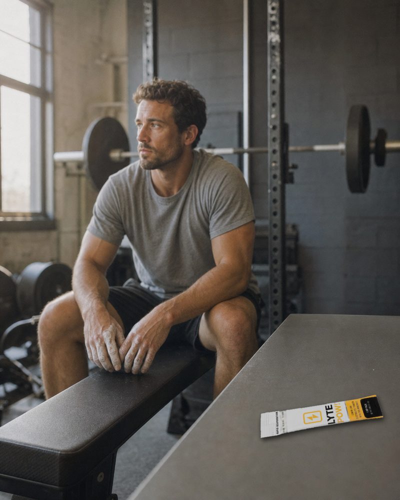 Man resting on a gym bench with a LytePow stick