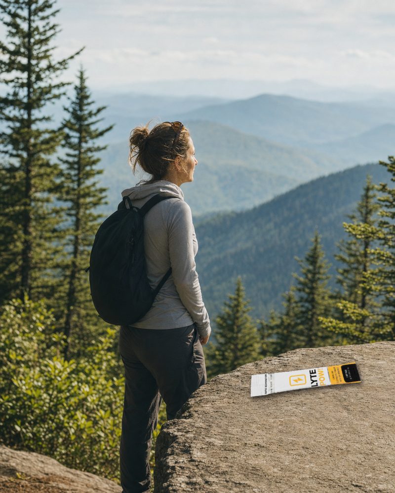 Hiker on a mountain trail with a LytePow stick
