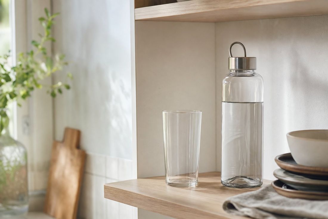 A glass and a carafe of water on a shelf