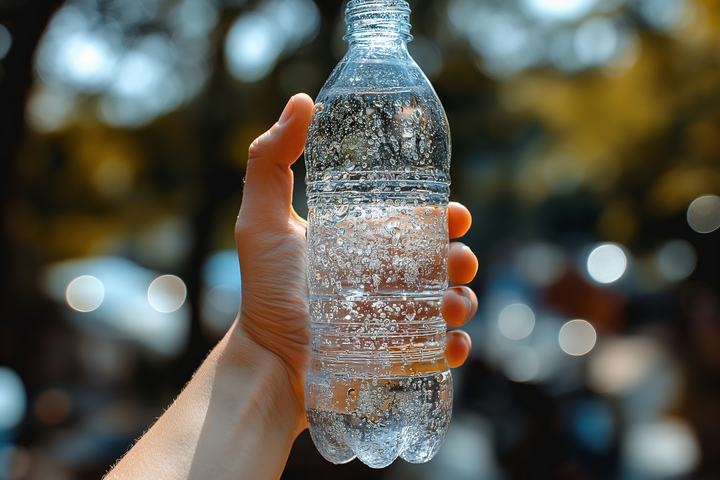 Hand holding a bottle of water.