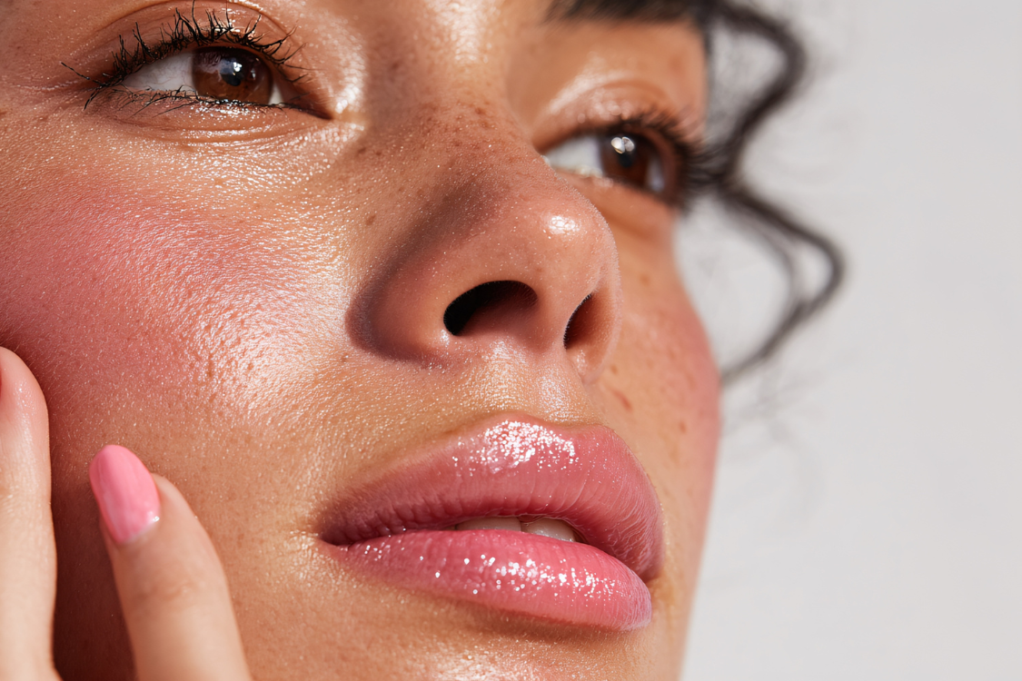 Close-up of a person with dewy, glowing skin, wearing a hydrating lip gloss, illustrating the radiant effect of proper skin hydration and electrolytes benefits.