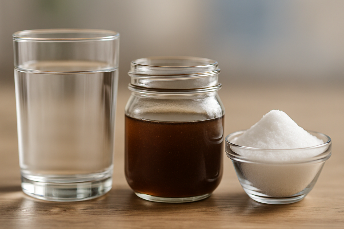 Glass of water, mineral supplement, and salt showing the difference between electrolytes, trace minerals, and salt