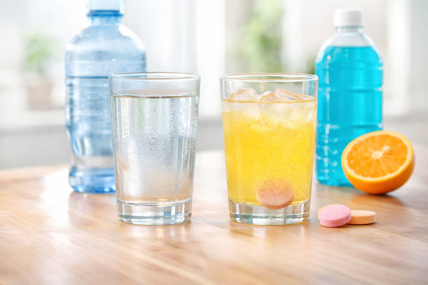 Plain water and electrolyte drink on a table