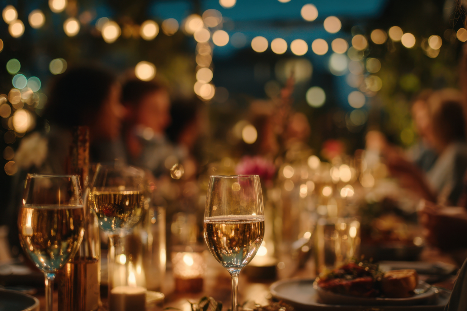 A festive holiday party scene with wine glasses and blurred people, illustrating the context for needing electrolytes for a hangover the next day.