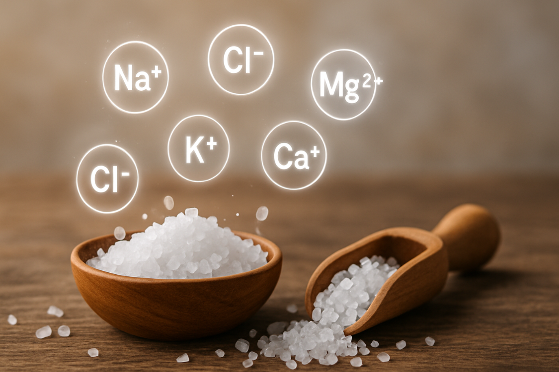 Sea salt in a wooden bowl with glowing icons representing electrolytes.