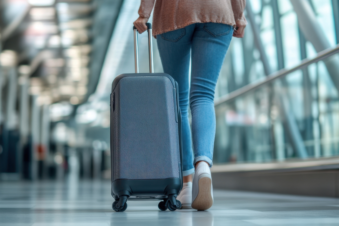 A traveler walking through an airport concourse pulling a small, gray carry-on suitcase.