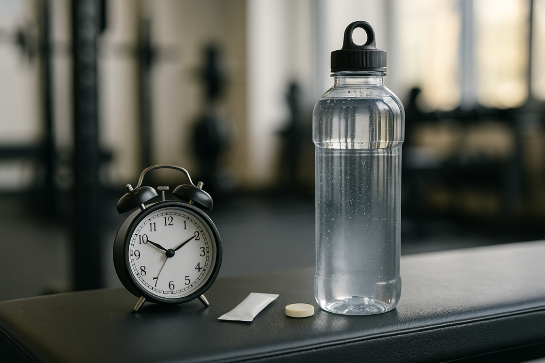 A clear water bottle, an alarm clock, and electrolyte tablets and packets are placed on a black leather bench in a gym. 