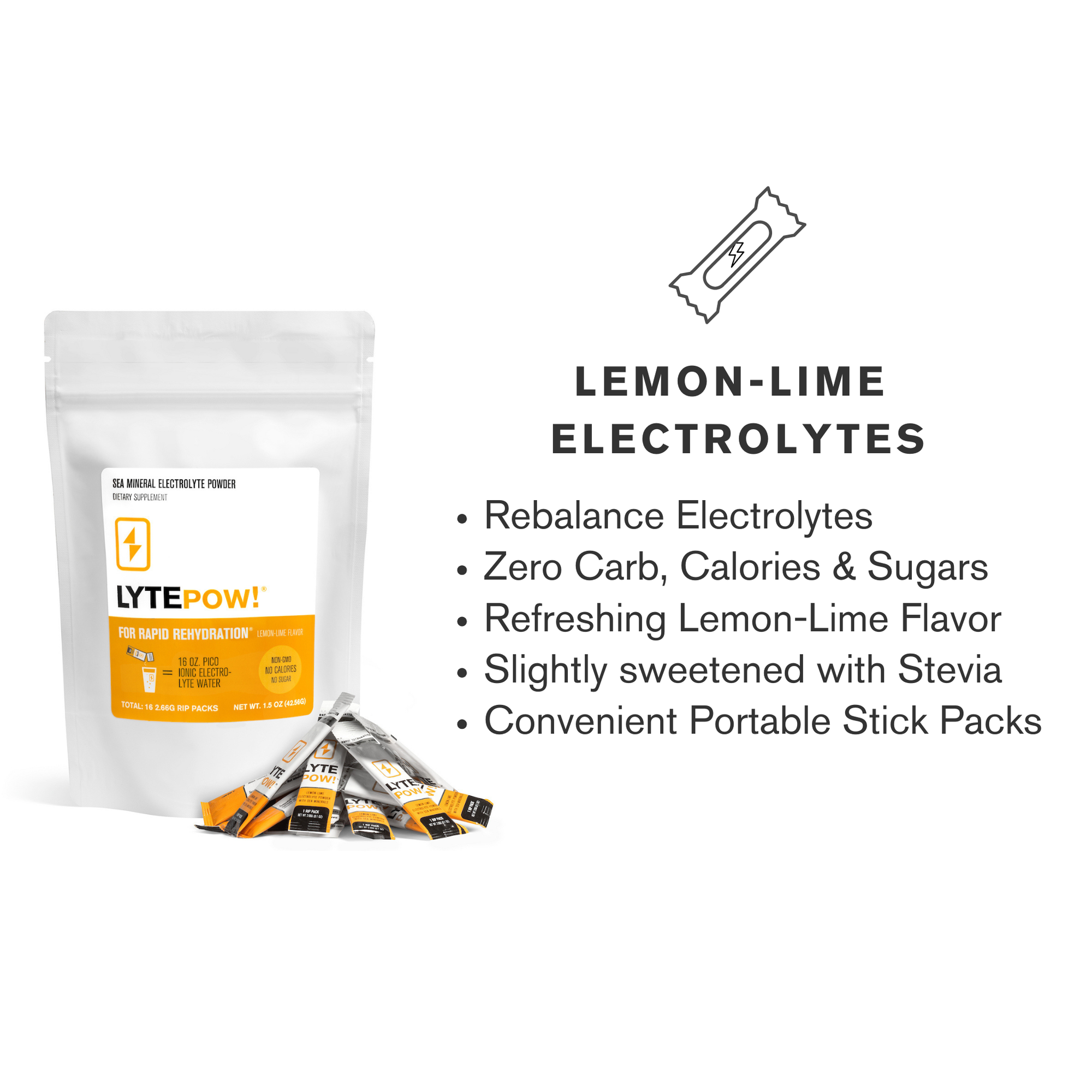 LYTEPOW! lemon-lime electrolyte powder in convenient portable stick packs for rapid rehydration. Features zero carb, calories & sugars, refreshing lemon-lime flavor, sweetened with Stevia, 16 individual servings.