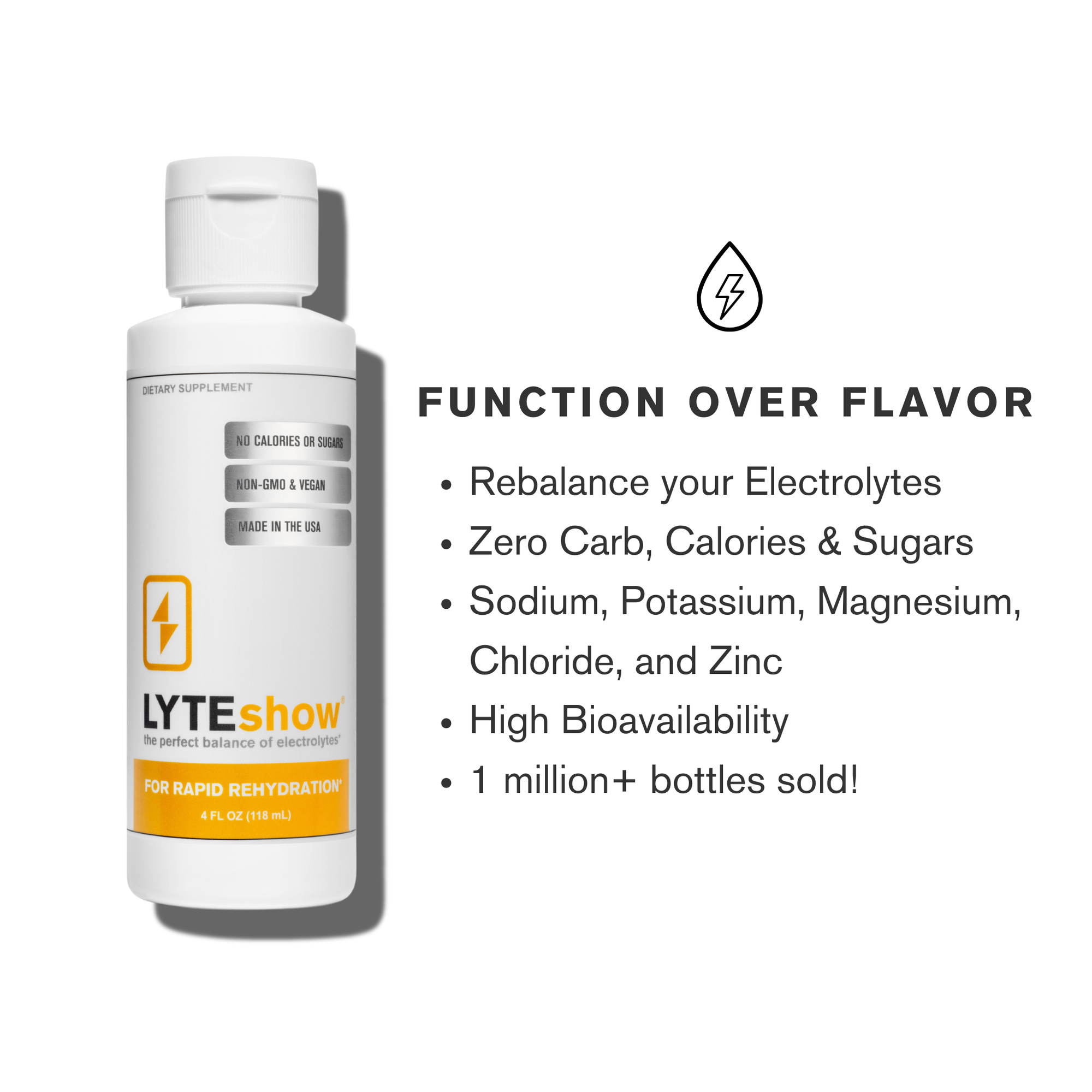 LYTEshow electrolyte solution for rapid rehydration, 4 fl oz. Features no calories or sugars, non-GMO, vegan, made in USA, 79 ionic trace minerals. Helps rebalance electrolytes with high bioavailability.