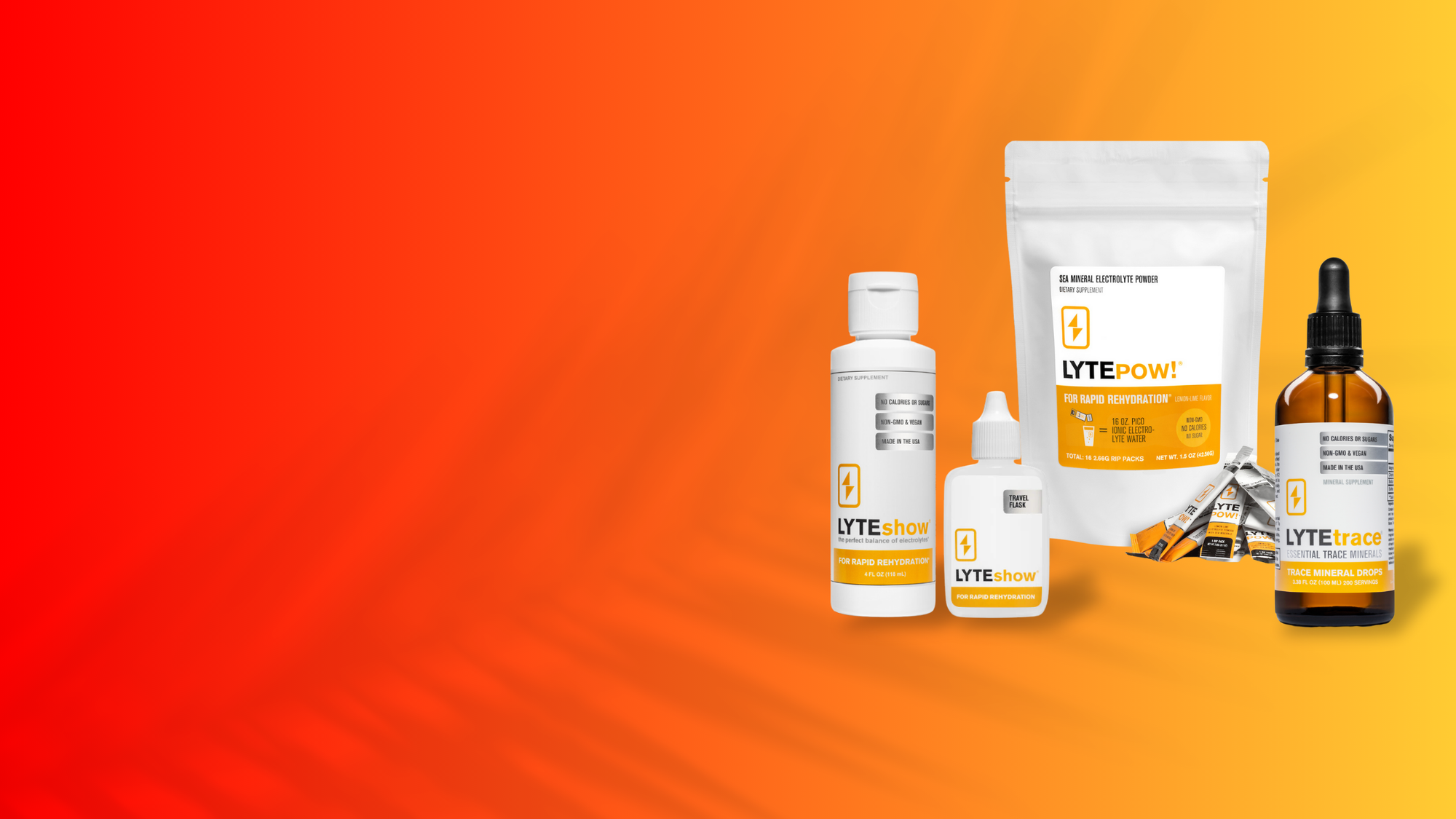 LYTEshow range of electrolyte and trace mineral products on a vibrant orange background. Includes LYTEshow electrolyte solution, LYTEpow electrolyte powder, LYTEcaps capsules, and LYTEtrace mineral drops, showcasing various options for rehydration and wellness.