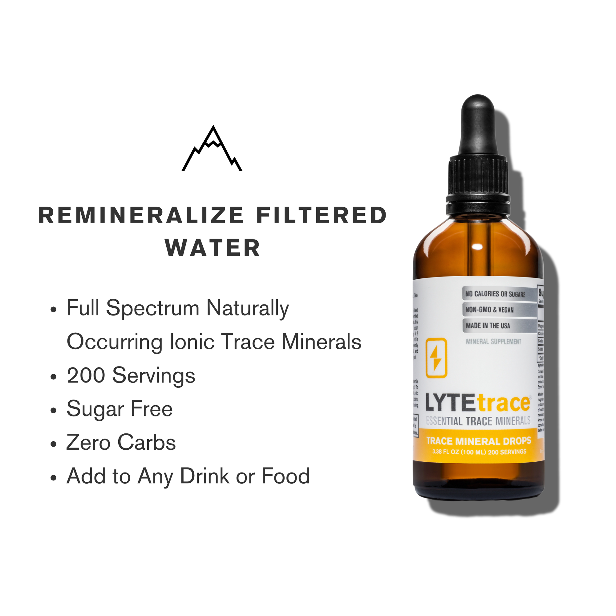 LYTEtrace essential trace mineral drops, 3.38 fl oz (200 servings), for remineralizing filtered water. Features full-spectrum naturally occurring ionic trace minerals, tasteless, zero carb, calories, and sugars.