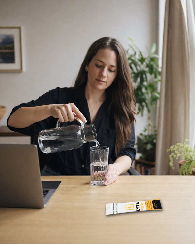 Woman at a desk pouring water, LytePow stick on the desk