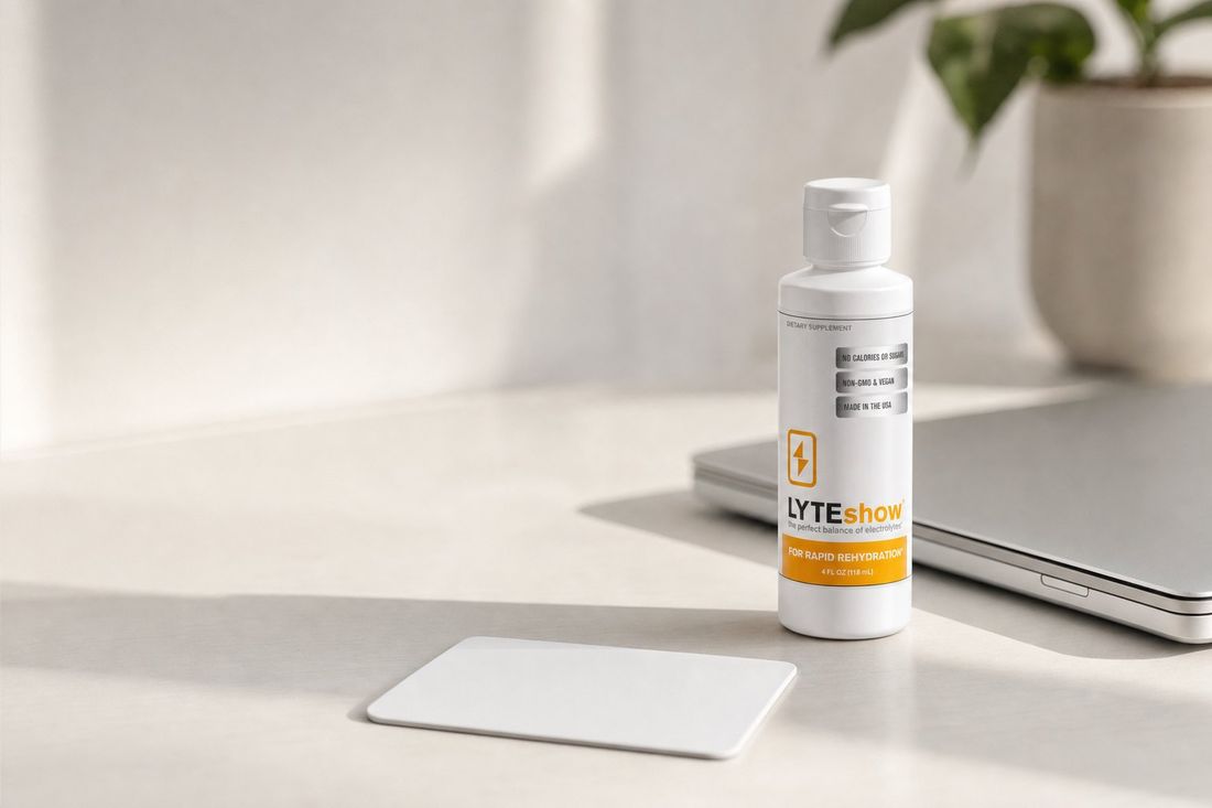 A LyteShow bottle on a desk beside a laptop