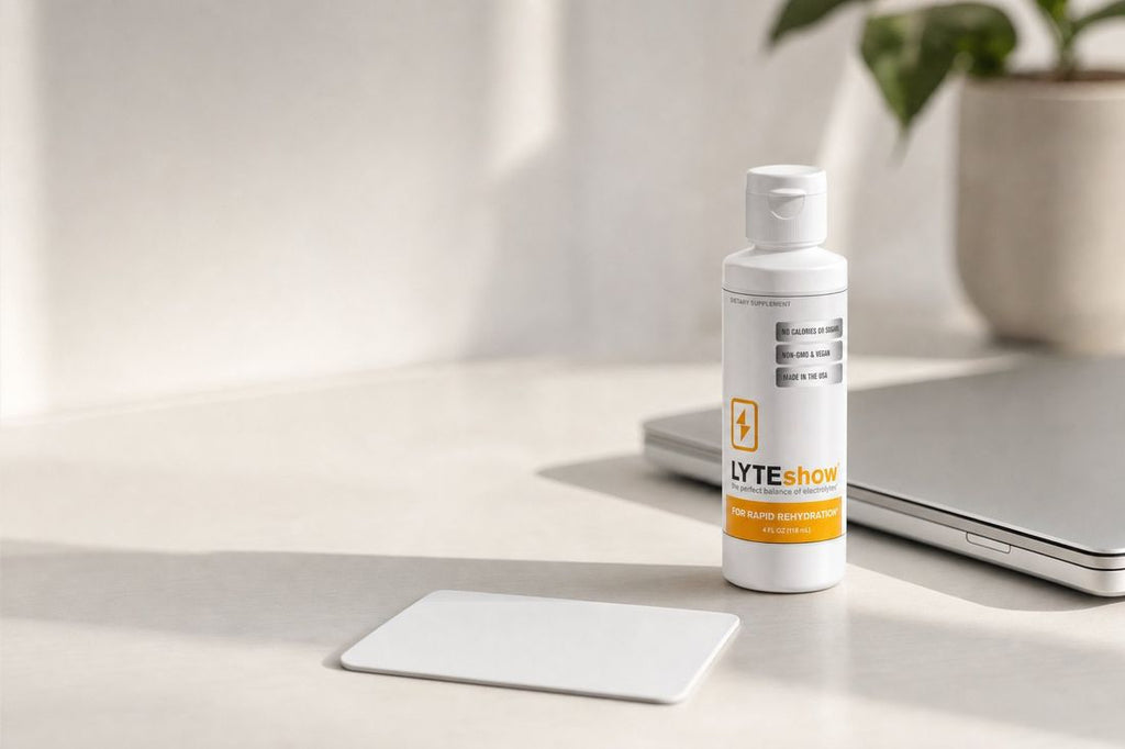 LyteShow 4oz on a desk beside a laptop